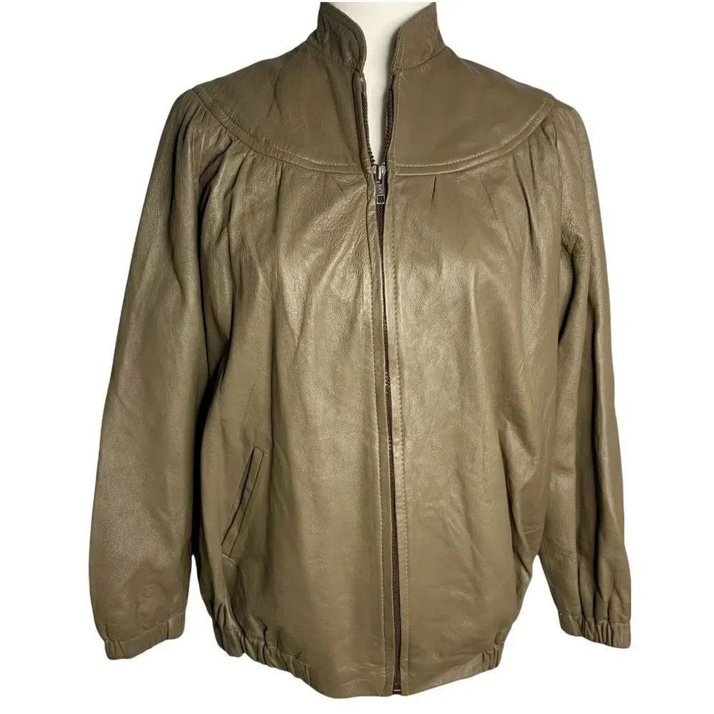 Vintage 70s Leather Jacket S Brown Full Zip High Collar Pockets Lined Union Made